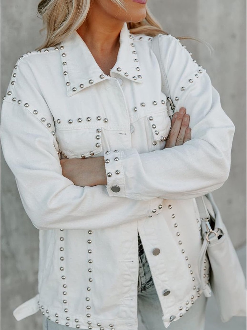 White Studded Denim Jacket - Women's Coat women button front jacket - Picture 2 of 4